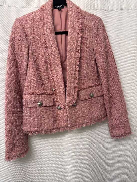 Express Jackets & Blazers - Express Pink Tweed Fringed Pocket Blazer